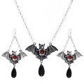 Set gioielli gotici pipistrello con pietre rosse e ciondoli a goccia neri - Stile Pipistrello Argento Antico