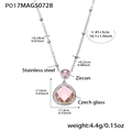 Zilveren roestvrijstalen ketting met roze Tsjechisch glas hanger en zirkonia detail - Staal Kleur Roze Zirkoon Ketting (P017)
