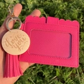 Vibrant pink pebbled PU leather card holder with tassel, gold keyring and wooden i love you tag - Rose Red