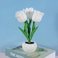 Close-up of white LED tulip lamp in a ceramic pot on a book with a light blue background - Style C-3 Heads-White-Plug-in
