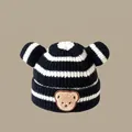 Kids warm knit beanie with black white stripes and cute bear ears decoration - Striped Bear Black (2 Months - 2 Years)