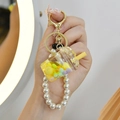Handheld milk tea cup keychain featuring yellow fluid, colorful beads and pearl strap - Chain Style / Lemon Yellow