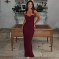 Close-up of sleek burgundy backless halter dress with elegant ruching and silk texture - S / Burgundy