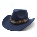 Detail of dark blue wool fedora with brown strap featuring metal stars and floral rivets - M(56-58cm) / Navy Blue