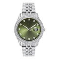Detail of silver iced-out watch with green dial, calendar display and crystal stones - White Green
