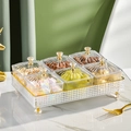 Luxus 6-Fächer Süßigkeitstablett-Set mit goldenen Griffen und klarer Rippentextur - 6-Gitter-Set mit Deckel / Rechteckiges Set Weiß