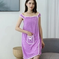 Purple coral fleece wearable bath wrap with white scalloped trim and bow pocket detail - Light Purple