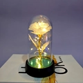 Luminous white rose with gold stem in glass dome and warm LED lights on black base - Glitter Gold (Warm Light)