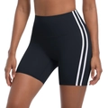 Detail of high waist black yoga shorts with double white stripes on breathable fabric - Black