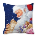 Detail of Christmas pillow cover with Santa hugging a cat and plush toys on white background - 18x18 Inch / Santa Hugging Cat