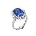 Luxury S925 silver ring featuring a large oval blue gemstone with halo of white zircons - Adjustable (HK12#) / Lab-Grown Sapphire