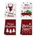 Set of four Christmas kitchen towels featuring reindeer, truck, and snowflake designs - Reindeer and Buffalo Plaid Style (MJBT66-79) / 4 Pieces/Pack (40*60cm)
