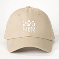 Khaki cotton baseball cap with white DOG MOM text and paw print embroidery on white background - One Size / Khaki