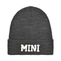 Close-up of dark grey knitted kids beanie featuring white fuzzy MINI letter embroidery - Kids Style(MINI) / Heather Grey