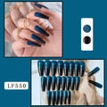 Detail of long coffin dark blue to black gradient press-on nails set with model view - LF550 / Blue Red Gradient