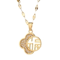 Golden titanium steel necklace with Fu character and zircon pendant charm - 9067 Gold Fortune Floral