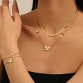 Double-layered 18k gold stainless steel butterfly necklace and bracelet jewelry set - Gold White Shell Butterfly Jewelry Set (O610-O503)