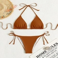 Caramel brown triangle bikini set with halter top and side-tie bottoms on sand - Brown (Bikini Set)