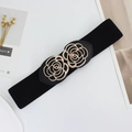 Elastic black waist belt with gold rose flower buckles for women elegant dresses - Black / 75cm