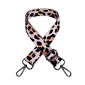 Close-up of leopard print nylon bag strap with dark gunmetal swivel hooks and slider - Light Purple + Gunmetal Buckle