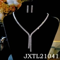 Detailed view of silver zircon tassel necklace set on a velvet jewelry display stand - Silver (JXTL21041)