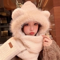 Plush 3-in-1 hooded scarf with bear ears in cream white for winter warmth - Wave 3-piece Set - Beige