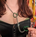 Silver punk body chain featuring green heart-shaped rings and thick metal links - Green Heart-6MM