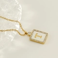 Square gold letter T pendant necklace with shell inlay and pavé crystals for women - Gold-T