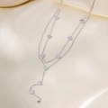 Double-layered silver stainless steel necklace featuring elegant heart-shaped charms - Double Heart Tassel Style (H1110) / Steel