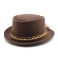 Vintage brown wool pork pie hat with woven band for men and women on white background - Coffee