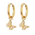 Golden hoop earrings featuring crystal butterfly charms in polished 18K gold plated steel - Zirconia Butterfly Hoop