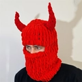 Cagoule rouge en maille avec cornes de diable pour adultes en laine chenille chaude - 57-59cm / Style Corne de Diable / Rouge Uni