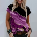 Damen T-Shirt mit Rundhalsausschnitt und modischem lila-schwarzem Marmordruck - L / Oberteile / Fuchsia
