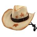 Detail of straw cowboy hat featuring metal bull head buckle and star print brim - Beige / M (56-58cm)