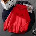 Red hooded sweatshirt with black heartbeat print and pocket shown in a flat lay style - S / Tops / Red