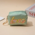 Green sequin mini coin purse with Love embroidery and golden metal keychain - Green