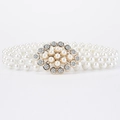 Elegant white triple-row pearl elastic belt with vintage gold rhinestone floral buckle - Oval Flower Cluster Buckle