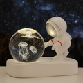Astronaut night light with 3D crystal ball jellyfish engraving on white glowing base - Sphere / Jellyfish (Natural Light)