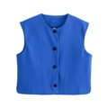 Dettaglio in piano di un gilet senza maniche blu acceso con scollo a V e quattro bottoni - S / Blu