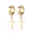 Polished gold stainless steel cross pendant earrings for men in a symmetric view - Gold (Single)