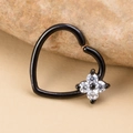 Anello nero minimalista a forma di cuore con fiore di zircone bianco intarsiato - Fiore a Quattro Petali in Zirconia / Cuore Nero