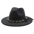 Classic black wool fedora hat with elegant gold chain link and bow tie band decoration - M (56-58cm) / Black