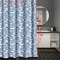 Detail view of 35x70.8 inch shower curtain with blue hand-drawn fish and geometric patterns - 90*180cm / Teal