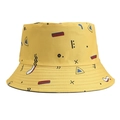 Detail view of cotton bucket hat with vibrant geometric prints and yellow fabric texture - Style 13-Yellow Abstract Geometric