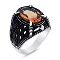 Vintage snake winding ring for men with amber resin stone and antique silver finish - Adjustable Open / Amber Gemstone Braided Band