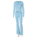 Detail of light blue ribbed fabric on zip-up hoodie and flared trousers tracksuit set - XS / Blue