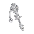 Silver flower belly ring with surgical steel curved bar and crystal zircon accents - Silver with Three Flowers