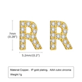 Gold plated copper letter R stud earrings with AAA cubic zirconia stones, 7x5.2mm size - Letter R