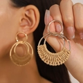 Golden double hoop earrings featuring beige woven raffia detail for summer style - Double Layer Gold Ring Woven Style (A-1084)