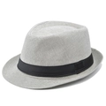 Close-up of a light gray linen fedora hat featuring a stylish black decorative ribbon - Adjustable (56-58cm) / Silver Gray